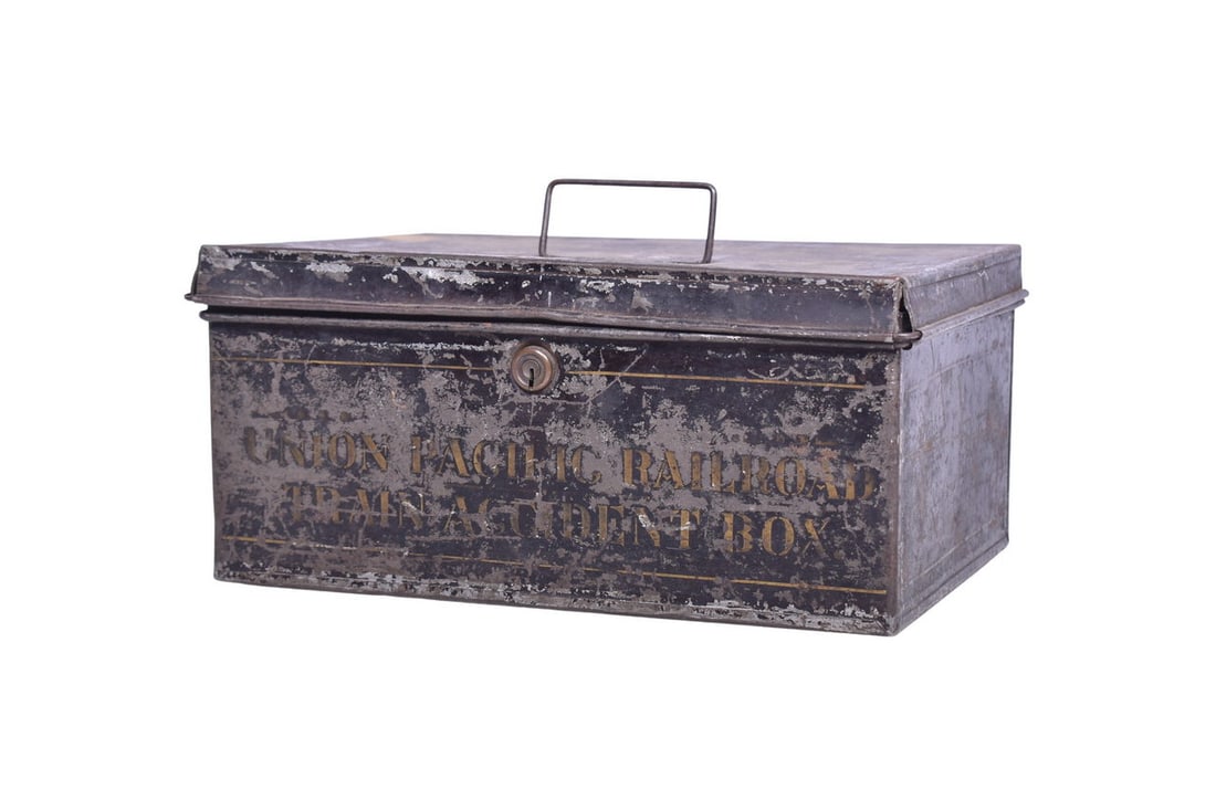A metal train accident box for the Union Pacific Railroad. Measures 10 5/8" x 7 5/8" x 5" and has a (1 of 5)