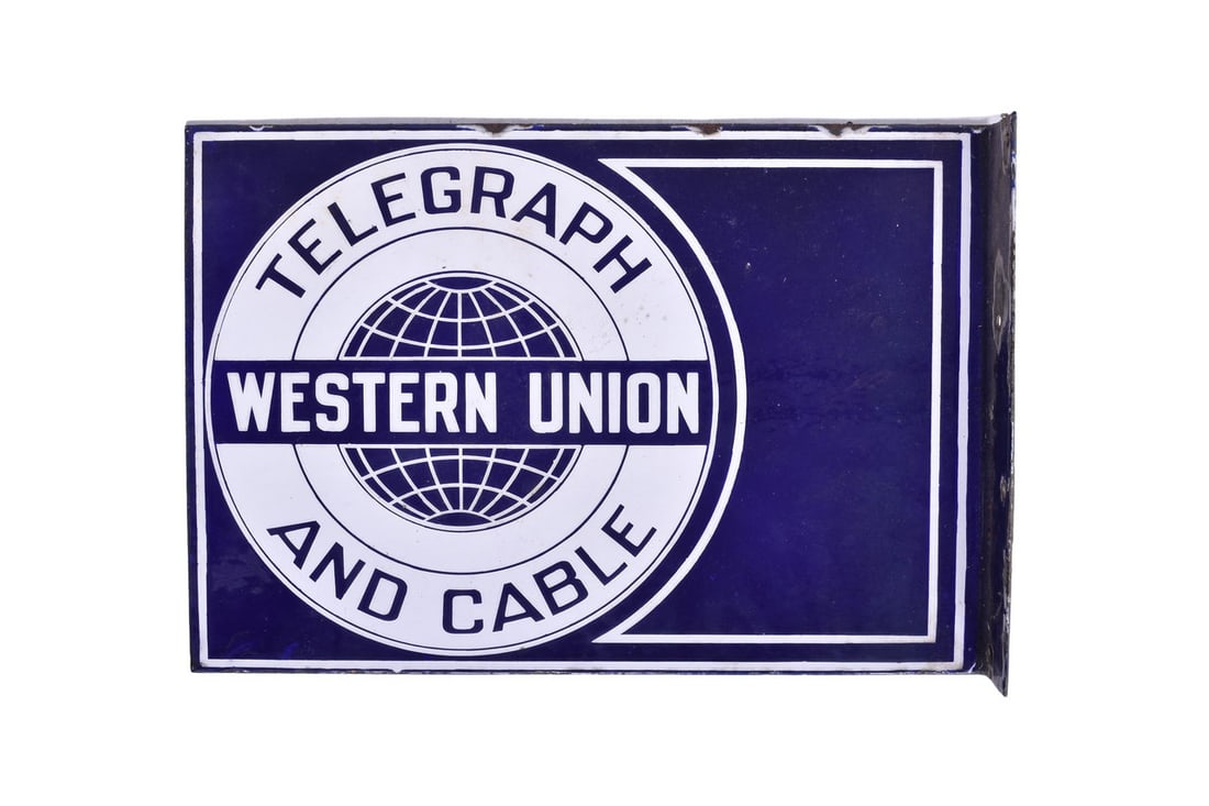 Double-sided porcelain (DSP) Western Union Telegraph and Cable flange sign. No manufacturer markings (1 of 6)