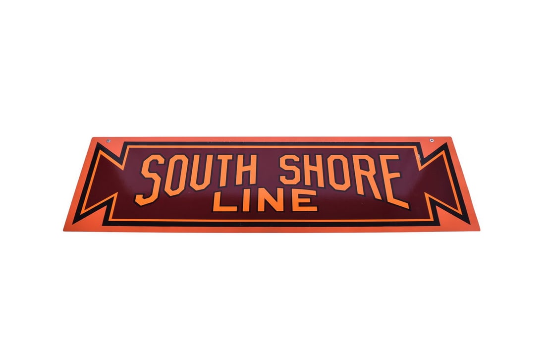 A 16" x 54 1/4" steel sign with a South Shore Line railroad vinyl decal. Sign shows general use