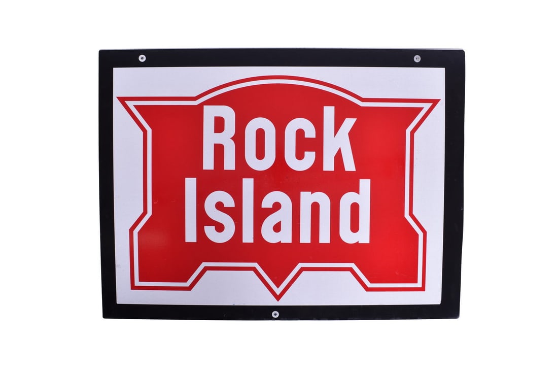 A 24" x 32 1/4" steel sign with a Rock Island railroad vinyl decal. Decal appears to be correct and (1 of 3)