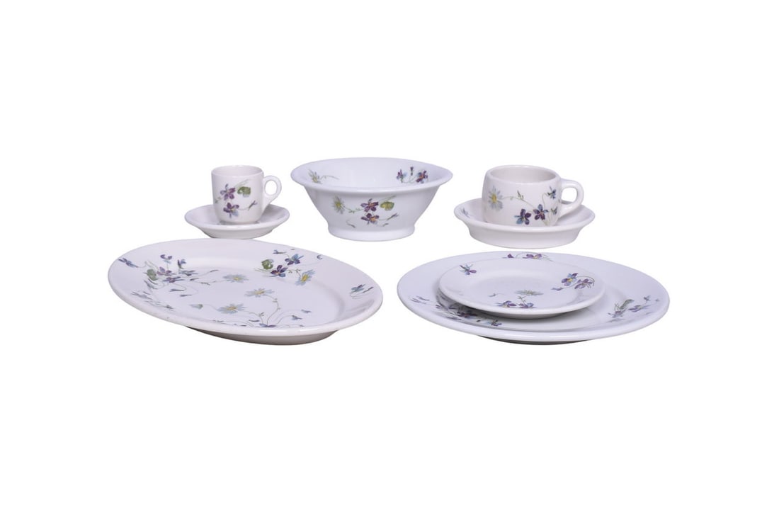 Eight pieces of Chicago Burlington and Quincy Railroad dining car china in the Violets & Daisies: Eight pieces of Chicago Burlington and Quincy Railroad dining car china in the Violets & Daisies pattern. One 9" Dinner Plate by Buffalo China, back stamped CB&QRR, showing one light scratch a