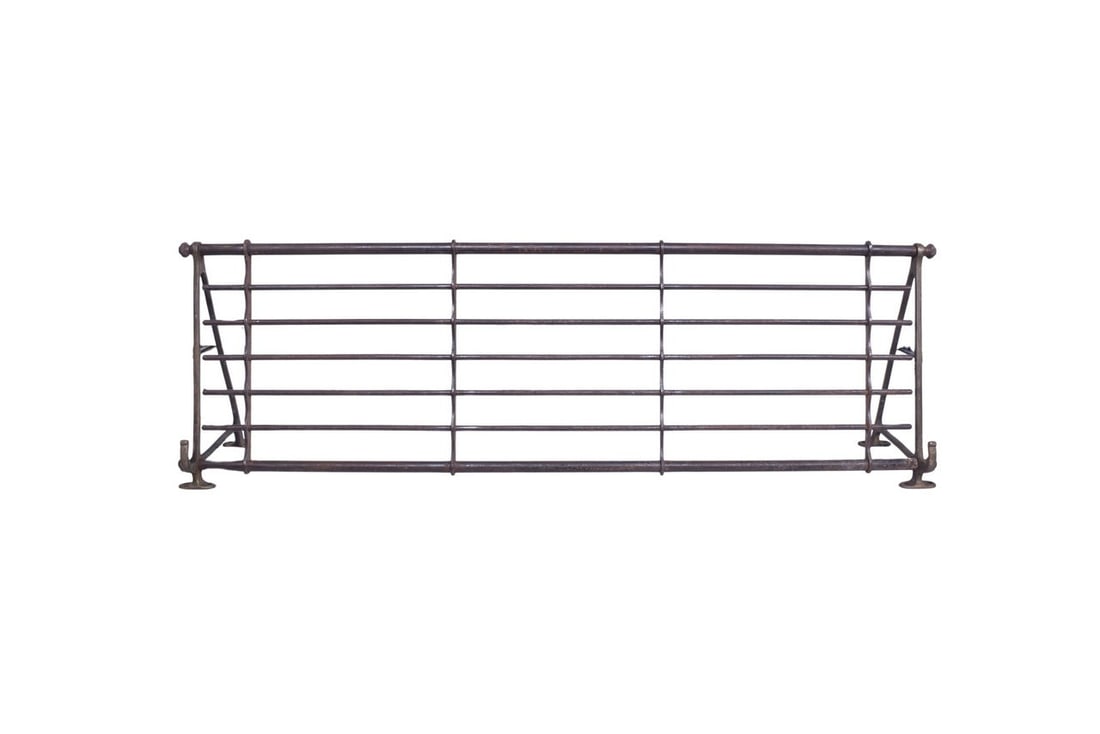 A 39" long x 12 1/2" wide x 8 1/2" tall Adams and Westlake steel overhead luggage rack made for: A 39" long x 12 1/2" wide x 8 1/2" tall Adams and Westlake steel overhead luggage rack made for railroad train cars. 12525 is cast on the side of the rack. Shows general wear marks including usual rus