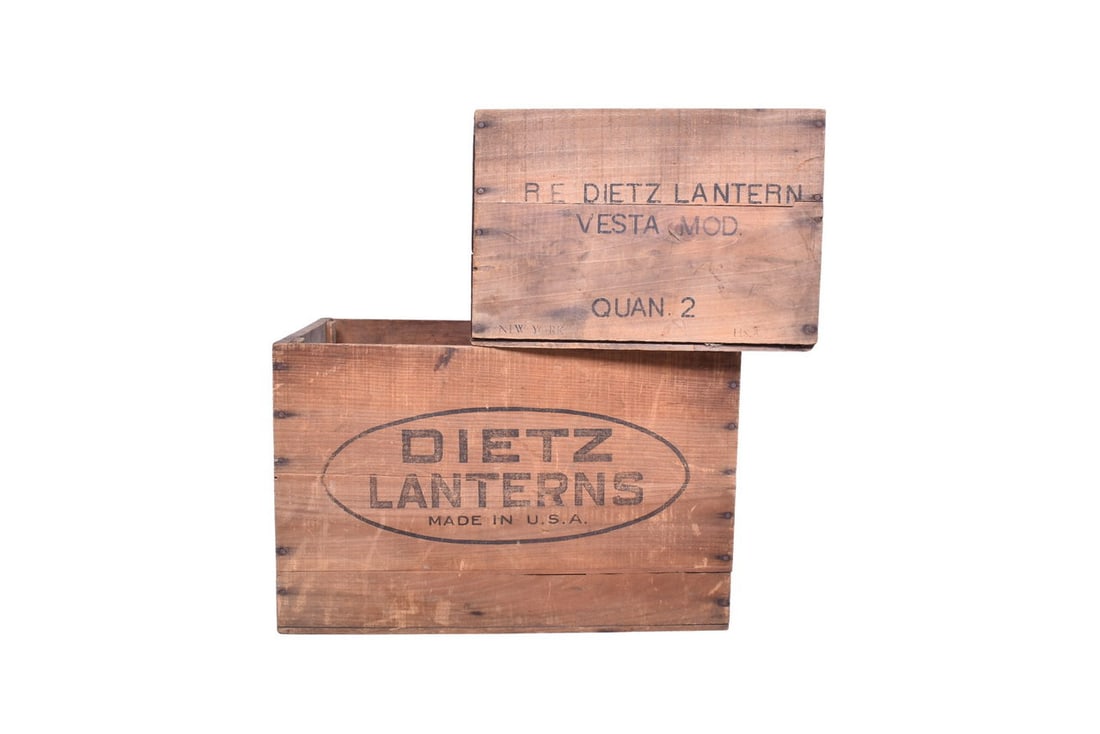 Two Dietz Lantern wooden crates. Includes one 20 1/8" x 14 3/4" x 12 3/4" crate. Two sides are (1 of 6)