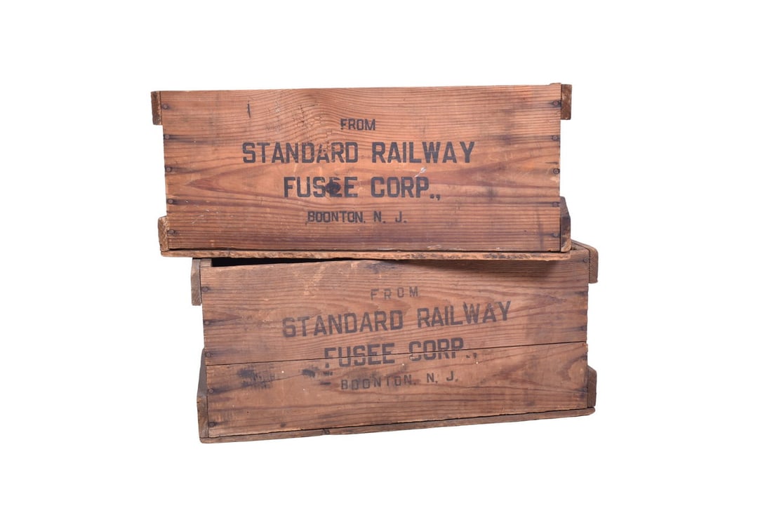 Two wooden crate boxes marked Standard Railway Fusee Corp. BOUTON NJ on one side and Handle (1 of 6)