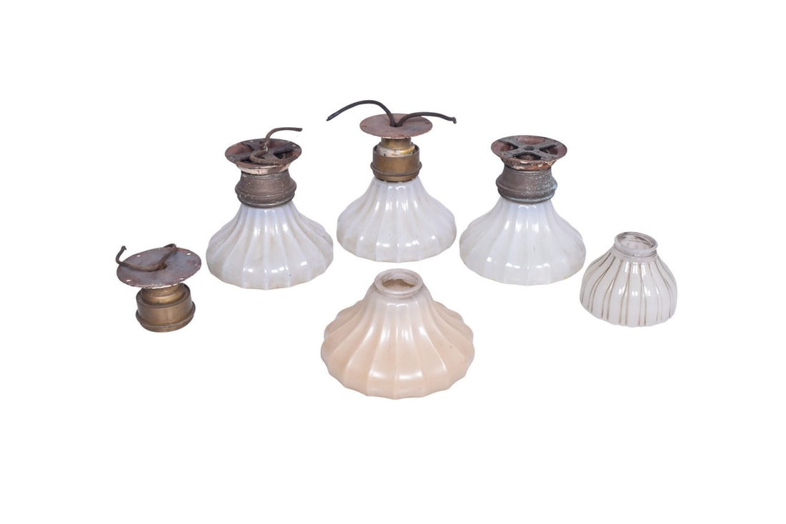 Group of Pullman railroad passenger car ceiling lamp shades and fixtures. Includes four matching 7 (1 of 3)