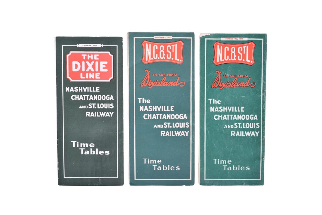 Three public timetables for Nashville Chattanooga & St. Louis Railway; a January 1939 timetable: Three public timetables for Nashville Chattanooga & St. Louis Railway; a January 1939 timetable for The Dixie Line, a December 3 1947 To and From Dixieland timetable, and a Summer-Fall 1955 To and