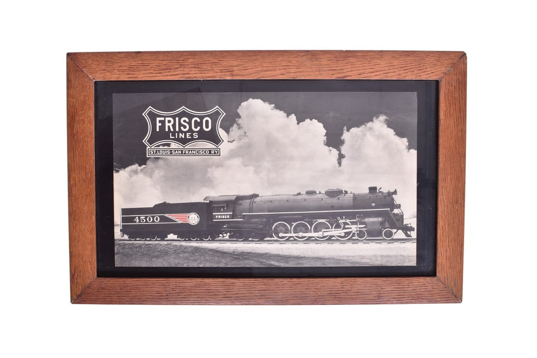 Advertising print for the St. Louis-San Francisco Railway displaying the Frisco 4500 train with the: Advertising print for the St. Louis-San Francisco Railway displaying the Frisco 4500 train with the Frisco Lines logo on a 27 1/2" x 17 1/2" wood frame. Frame does not appear to be original. Print sho
