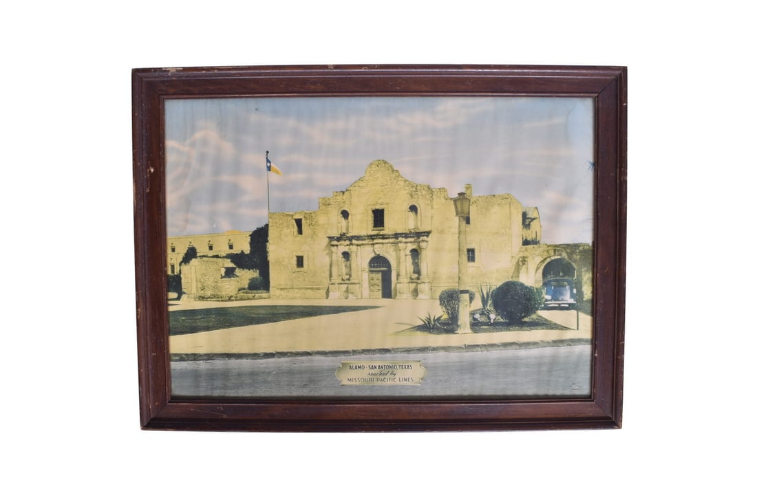 An advertising print for the Missouri Pacific Railroad featuring the Alamo Depot. Print shows light