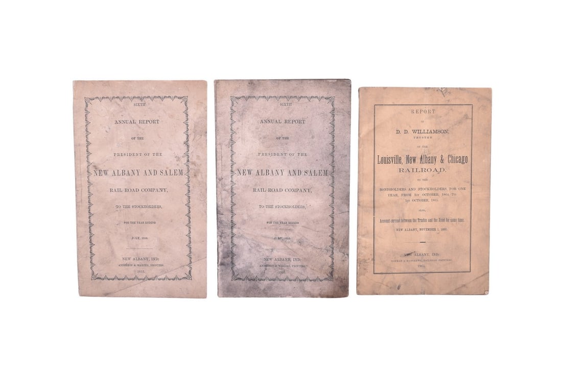 Three Monon Railroad Annual Reports. Two are for New Albany & Salem, both dated 1853, showing: Three Monon Railroad Annual Reports. Two are for New Albany & Salem, both dated 1853, showing discoloration, staining, water marks, and edge tears. One is for Louisville, New Albany, & Chicago