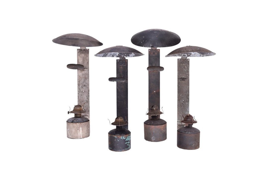Group of four caboose wall lamps. No markings on any. Each measure about 19" tall and 7" wide at the: Group of four caboose wall lamps. No markings on any. Each measure about 19" tall and 7" wide at the base. All still have burner pots, but no glass chimneys. One is missing the chimney holder. All sho