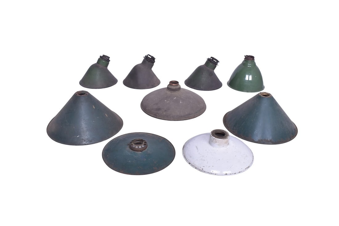 Group of nine railroad depot lamp shades in various sizes. Some are metal and some are porcelain. (1 of 3)