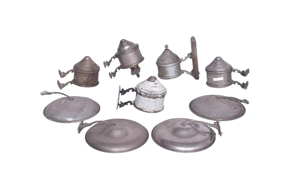Group of metal wall lamps for train passenger cars. No railroad markings on any. Includes five fount: Group of metal wall lamps for train passenger cars. No railroad markings on any. Includes five fount holders with wall brackets. One holder is still attached to a piece of wood and shows a significant