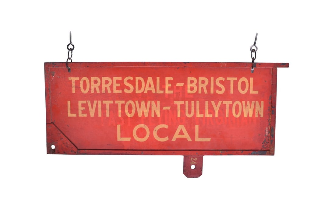 The steel sign measures 30" x 12" and is painted on both side. The sign reads "Torresdale - Bristol: The steel sign measures 30" x 12" and is painted on both side. The sign reads "Torresdale - Bristol Levittown Tullytown Local" with train 24 on the lower tab. The sign has original paint, some light r