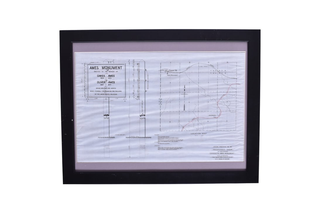 27" by 21" framed vellum drawing of the sign commemorating the Ames Monument along the Union Pacific (1 of 5)