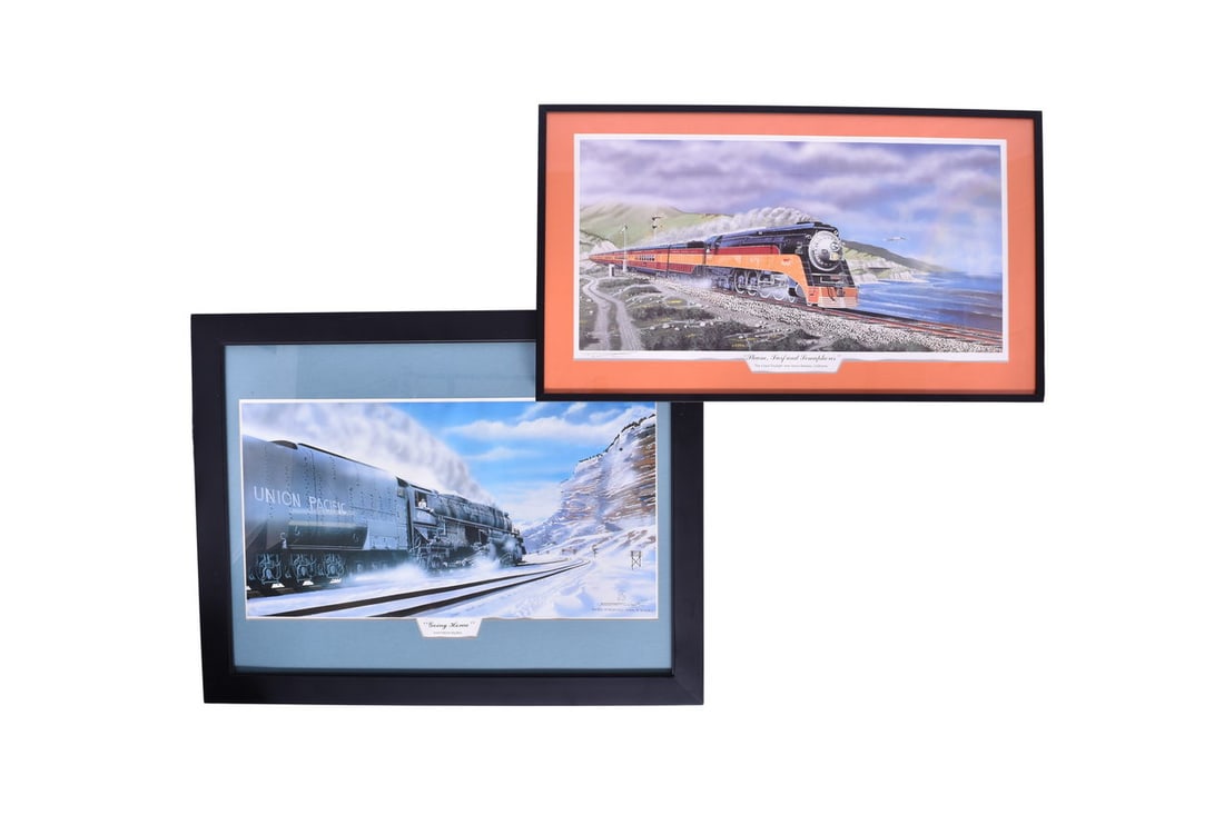Two framed Robert West locomotive art prints. The Union Pacific print is titled "Going Home" (1 of 5)