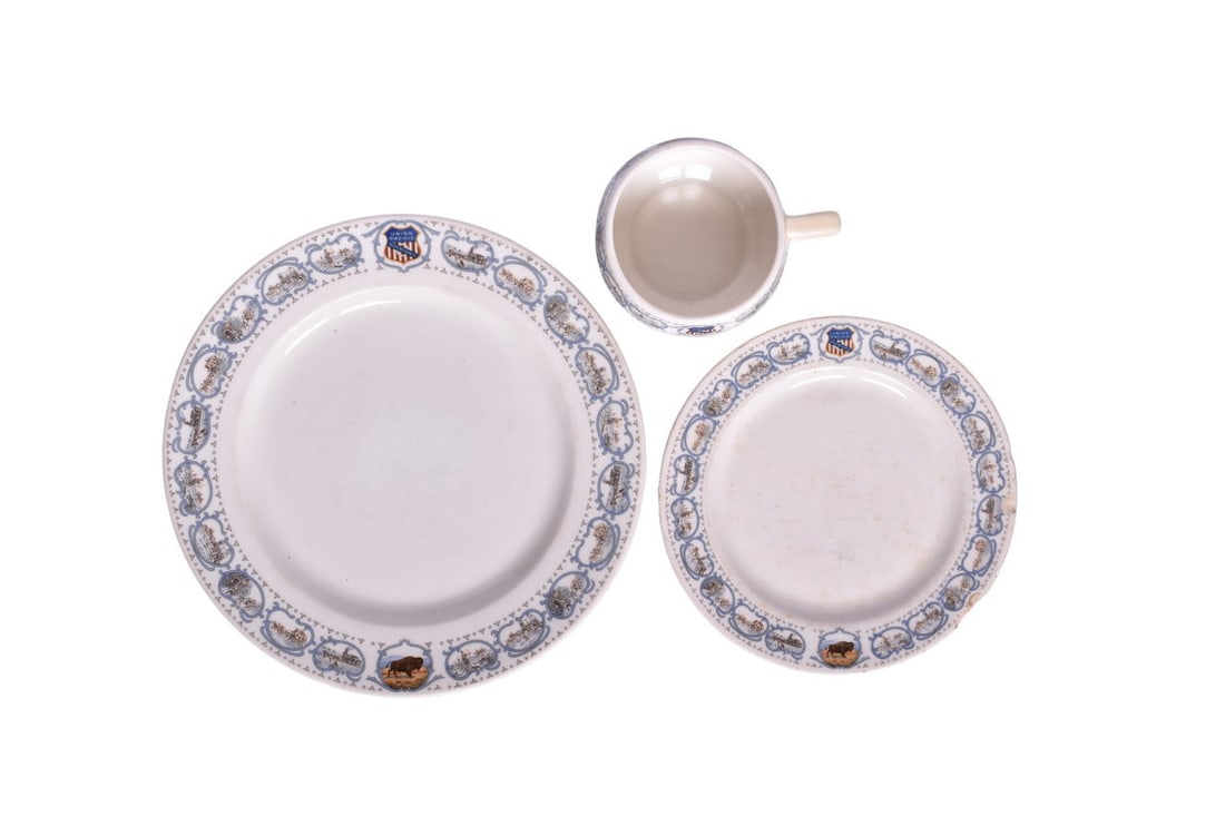 Three pieces of Union Pacific Railroad Overland Route dining car china in the Historical pattern, (1 of 5)