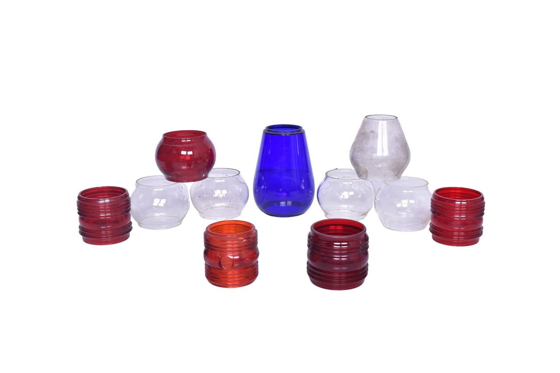 Group of eleven glass lantern globes. Includes four red fresnel (one Embury No. 40, one Kopp and two (1 of 4)