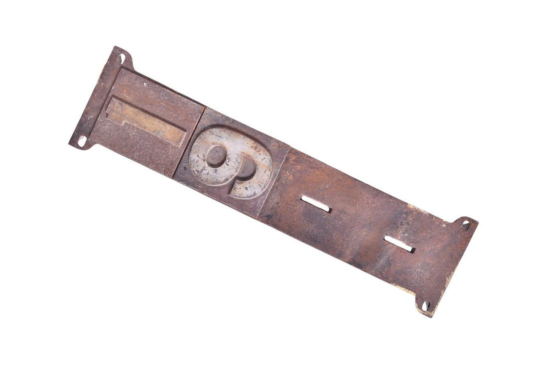 29 1/2" by 8" by 3 1/4" cast iron sign with spots for four number plates, two of which are present, (1 of 6)
