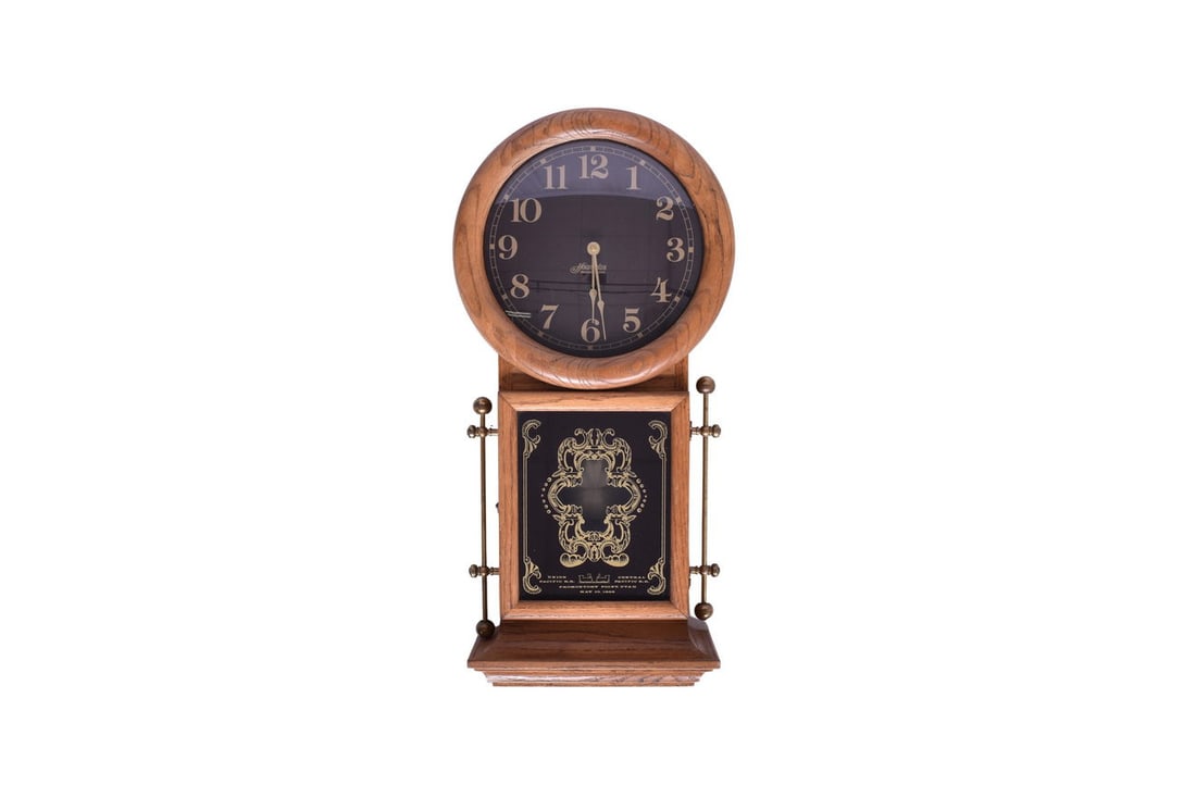 Reproduction wooden clock marked Hoursakes Precision Quartz on the clock face and decorated with (1 of 10)