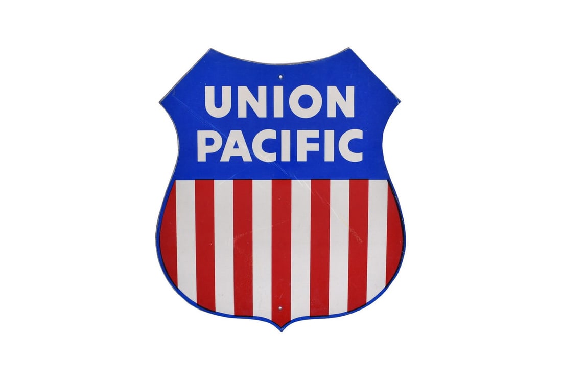 A 23 3/4" by 20" aluminum sign in the shape of the Union Pacific shield emblem, with reflective (1 of 4)