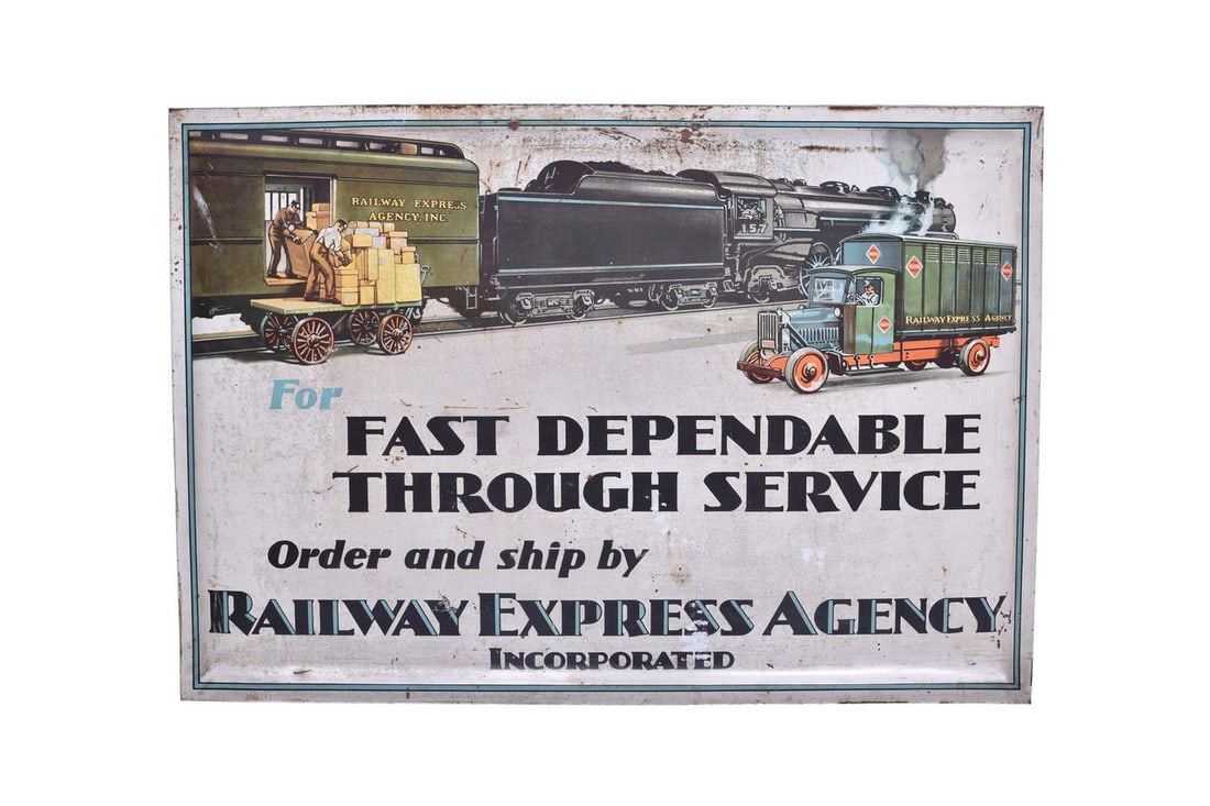 A single sided color tin lithograph railroad sign advertising Fast Dependable Through Service Order (1 of 4)
