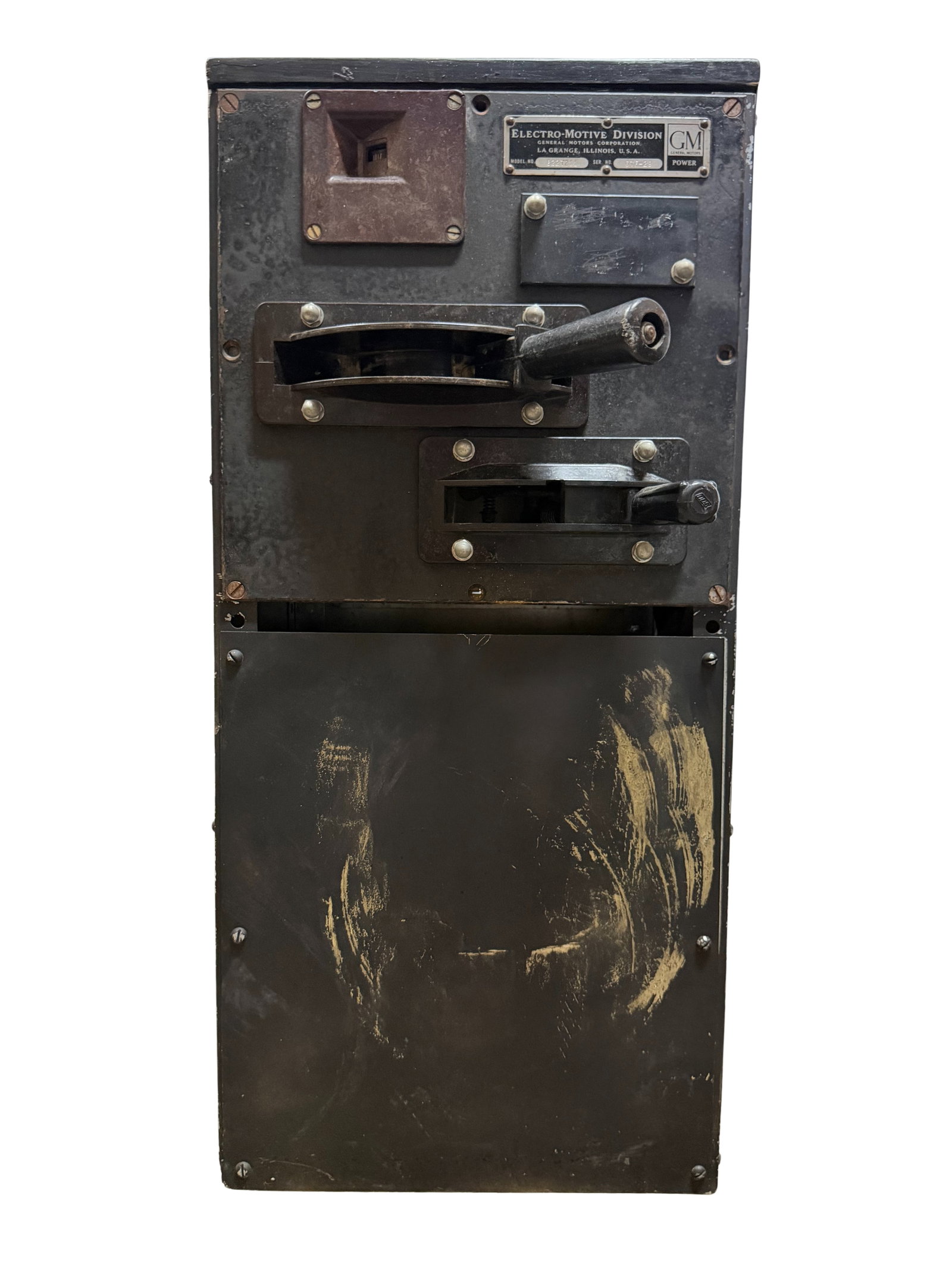 Roughly 15" by 12 3/4" by 32" tall control stand with a General Motors EMD plate on the front upper (1 of 6)