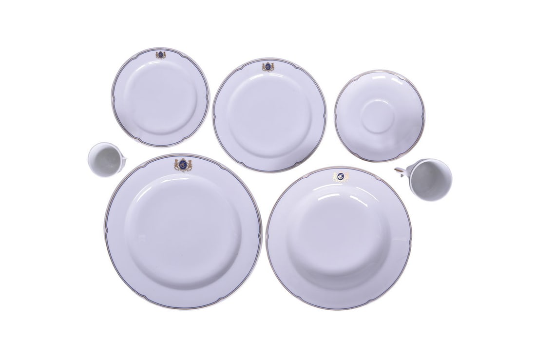 Includes five pieces of American Orient Express china marked Royale Rego; one 10 1/4" dinner plate (1 of 5)