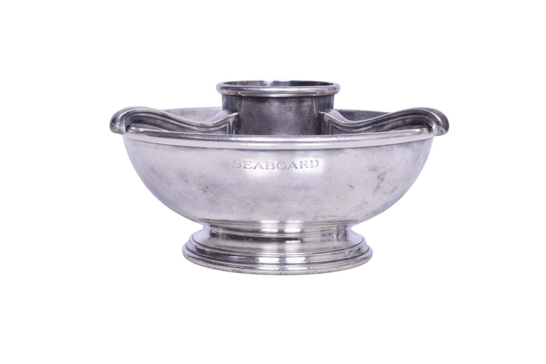 An interesting 2-piece set of dining car silver; a warming or chilling bowl with a three arm insert. (1 of 5)