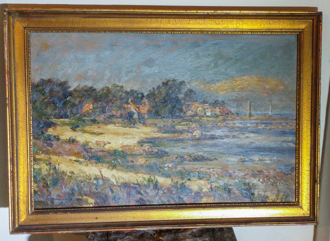 Seashore Landscape Oil Painting: Lot 0139 DetailsSeashore landscape oil painting on wood, signed illegibly. Location and date are marked as Allinge (Denmark) 1934. The coastal scene painting is in the style of Eugene Boudin, (1824 -1