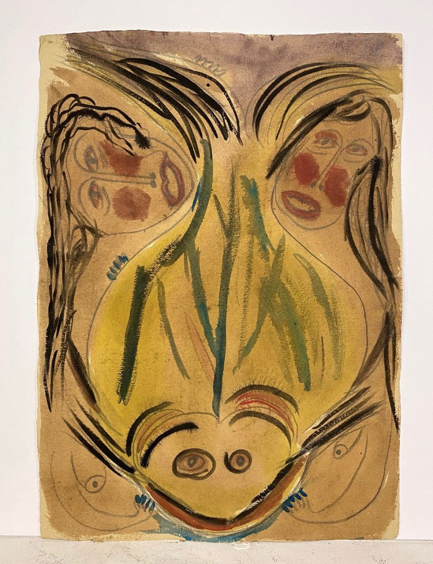 Fishing for Love(women w/ catfish), 1990- Thornton Dial: Watercolor, ink, and pencil on handmade, 100% cotton rag paper, 30.5 x 22". Courtesy of the Arnett Family. Thornton Dial was born in 1928 in Emelle, Alabama. One of 12 children, he grew up impoverishe