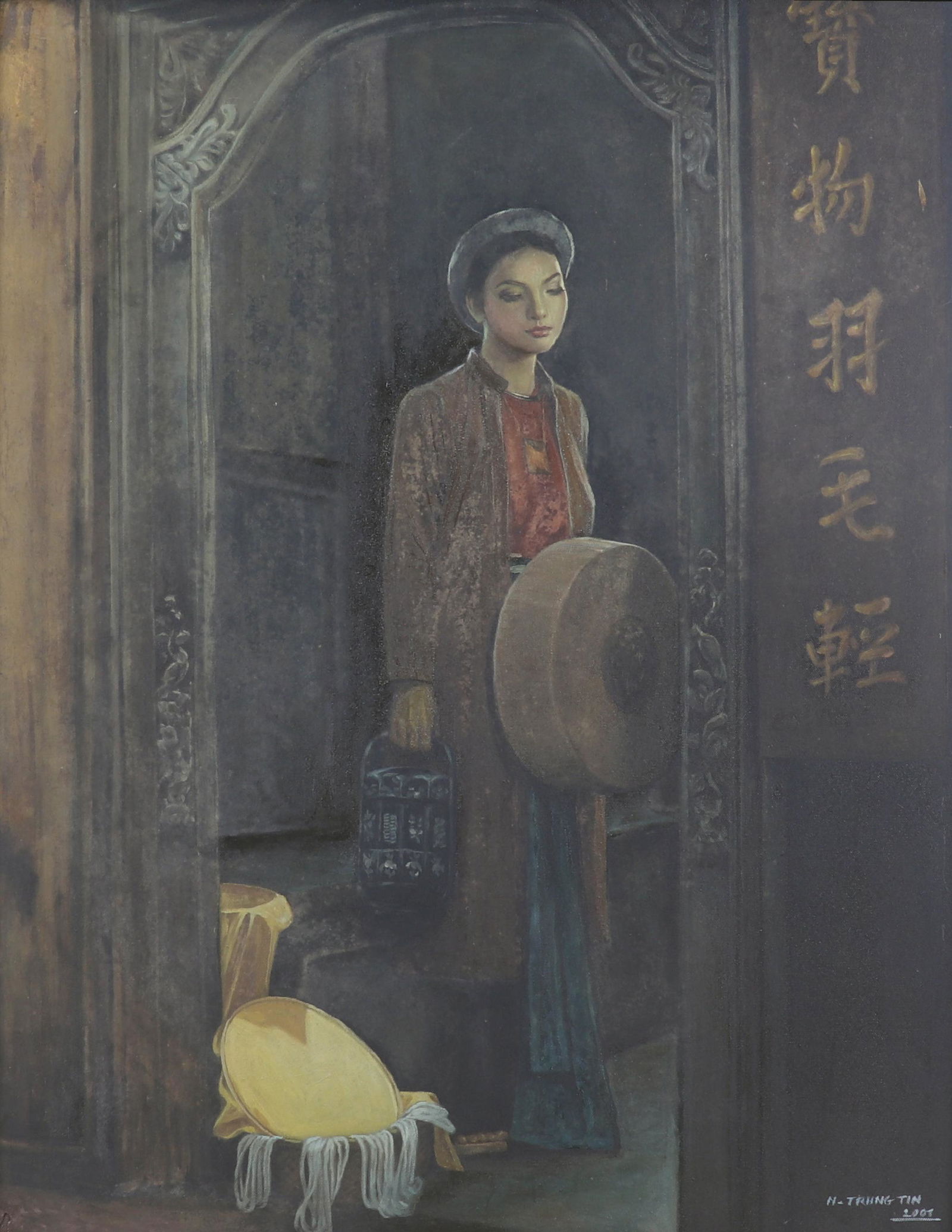 NGUYEN TRUNG TIN (Vietnam, Modern, XX Century): NGUYEN TRUNG TIN (Vietnam, Modern, XX Century)Young girlOil on canvasSigned in the lower left corner " ng trung tin 2001"Dimension: 78 x 58 cm