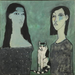 DANG XUAN HOA (Vietnamese, b. 1959): DANG XUAN HOA (b. 1959) / Two Sisters / Oil on canvas / Dimension: 65 x 65 cm / Provernent: Sothebys Hongkong, 8 June 2021, lot 2037 / --------------- / Dang Xuan Hoa (b. 1959) / Hai chi em / Son dau