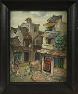 Le Quan (Vietnam, contemporary): Le Quan (Vietnam, contemporary) / Old Quarter/ oil on board / Dimension: 23 x 18 cm // Le Quan (Vietnam, Duong dai) / Pho co Ha Noi / Son dau tren bia / Kich thuoc: 23 x 18 cm