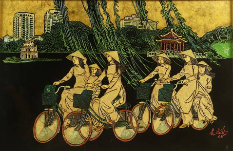TRAN HUU CHAT (Vietnam, War, 1933-2018): TRAN HUU CHAT (Vietnam, War, 1933-2018) / Girl with bicycle / Wood carving paint / Dimension: 39 x 59 cm // Tran Huu Chat (1933-2018) / Thieu nu dap xe / Son khac / Kich thuoc: 39 x 59 cm