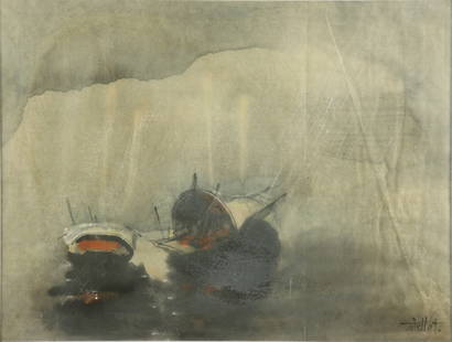 TRAN CHAT (Vietnam, Contemporary, b.1943): TRAN CHAT (Vietnam, Contemporary, b.1943) / Boats / Watercolor on paper / Dimension: 60 x 80 cm // Tran Chat (Viet Nam, Duong dai, b.1943) /Ben thuyen/ Mau nuoc tren giay / Kich thuoc: 60 x 80 cm
