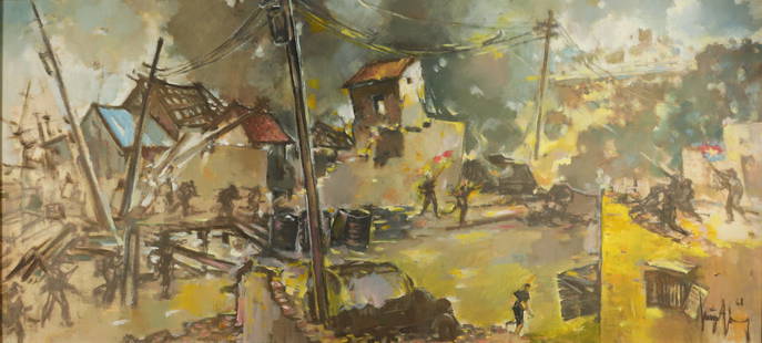 Huynh Phuong Dong ( 1925 - 2015): Huynh Phuong Dong ( 1925 - 2015) / battle / oil on canvas/ Dimension: 80 x 180cm // Huynh Phuong Dong ( 1925 - 2015) / Tran danh 1968 / Son dau tren toan / Kich thuoc: 80 x 180 cm