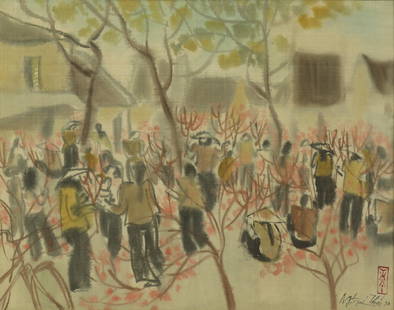 TRINH THAI (1941 - 2020): TRINH THAI (1941 - 2020) / Tet flower market / Watercolor on Silk / Dimension: 35x45 // Trinh Thai (1941 - 2020) / Cho hoa tet / Mau nuoc tren lua / Kich thuoc: 35 x 45 cm