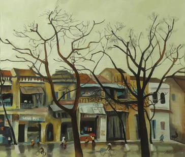 TRINH THAI (1941 - 2020): TRINH THAI (1941 - 2020) / Street / Gouache on paper / Dimension: 59 x 69 // Trinh Thai (1941 - 2020) / Pho / Bot mau tren giay / Kich thuoc: 59 x 69 cm