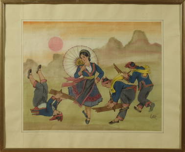 TRAN HUU CHAT (Vietnam, War, 1933-2018): TRAN HUU CHAT (Vietnam, War, 1933-2018) / Khen dance / Watercolor on Silk / Dimension: 37x46 // Tran Huu Chat ( Viet Nam, 1933 - 2018) / Mua Khen / Mau nuoc tren lua / Kich thuoc: 37 x 46 cm