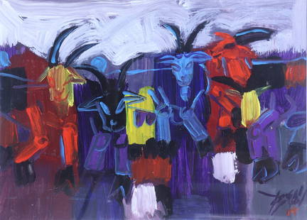 DO PHAN (b.1956): DO PHAN (b.1956) / goat family / Gouache on paper / Dimension: 50 x 70 cm / Do Phan (b.1956) / Gia dinh de / Bot mau tren giay / Kich thuoc: 50 x 70 cm