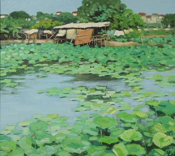 PHAM LUAN (Vietnam, B.1954): PHAM LUAN (Vietnam, b.1954) / lotus pond / Oil on Canvas / Dimension: 90 x 100 cm // Pham Luan ( Viet Nam, b.1954) / Dam sen / Son dau tren toan / Kich thuoc: 90 x 100 cm