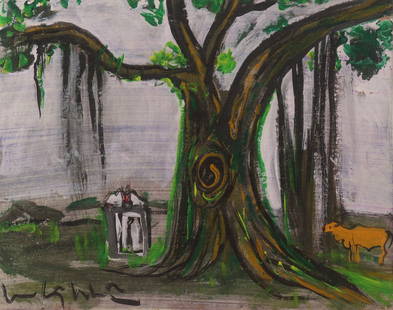 LUU CONG NHAN (Vietnam, War, 1930 - 2007): LUU CONG NHAN (Vietnam, War, 1930 - 2007) / Banyan tree at the top of the village / synthetic materials on paper / Dimension: 40 x 50 cm // Luu Cong Nhan (1930 - 2007) / Cay da dau lang / tong hop
