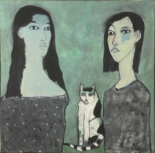 Dang Xuan Hoa (Vietnam, Contemporary, b.1959): DANG XUAN HOA (b. 1959) / Two Sisters / Oil on canvas / Dimension: 65 x 65 cm / Provernent: Sothebys Hongkong, 8 June 2021, lot 2037 // Dang Xuan Hoa (b. 1959) / Hai chi em / Son dau tren toan / 65 x