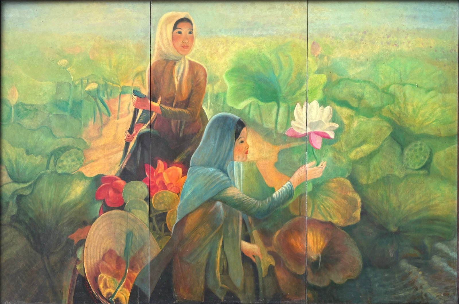 HOANG DUNG (Vietnam, Contemporary): HOANG DUNG (Vietnam, Contemporary) / pick lotus / Lacquer / Dimension: 120 x 180 cm ( 3 panels 120x60cm) // Hoang Dung (Viet Nam, duong dai) / Hai sen / Son mai tren voc / Kich thuoc: 120 x 180 cm ( 3