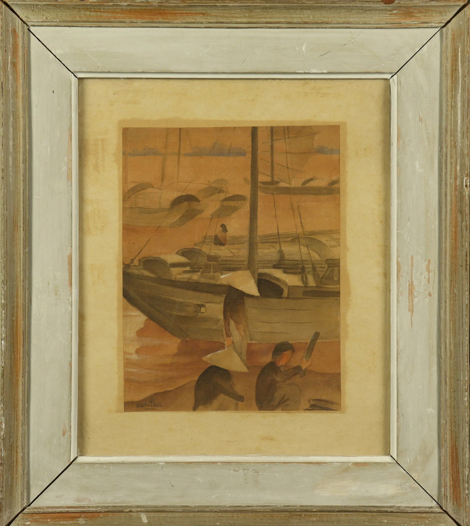 TRAN VAN THO (Vietnamese, 1917 -2004): TRAN VAN THO (Vietnamese, 1917 -2004) / Boat dock / Watercolor on silk / Dimension: 28 x 21 cm // Tran Van Tho (Vietnamese, 1917 -2004) / Ben thuyen / Mau nuoc tren lua / Kich thuoc: 28 x 21 cm