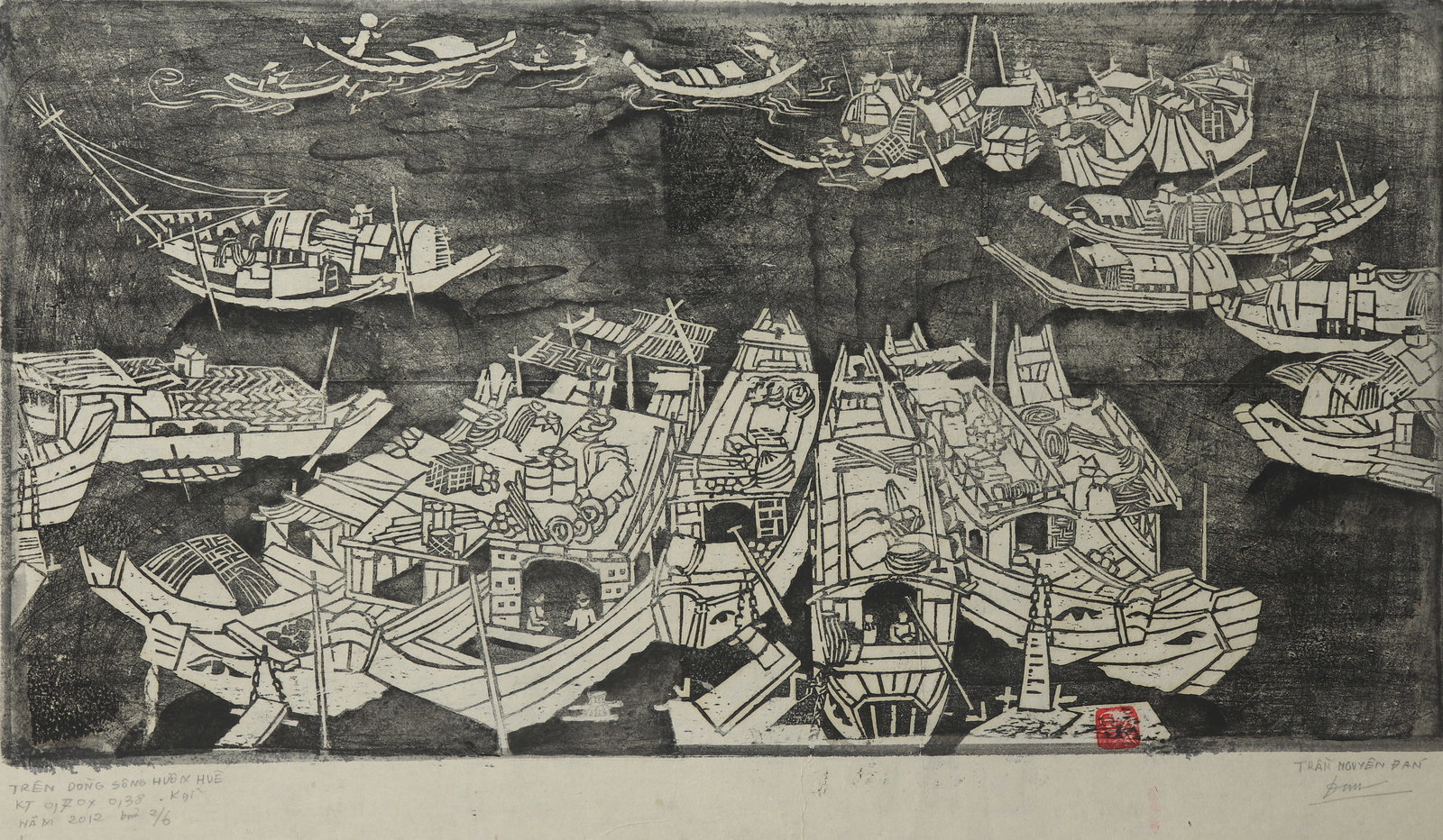 TRAN NGUYEN DAN (Vietnam, b.1941): TRAN NGUYEN DAN (Vietnam, b.1941) / On the "Huong" river/ Woodblock printing / Dimension: 37 x 70 cm // TRAN NGUYEN DAN (Vietnam, b.1941) / Tren dong song Huong / In khac go / Kich thuoc: 37 x 70 cm