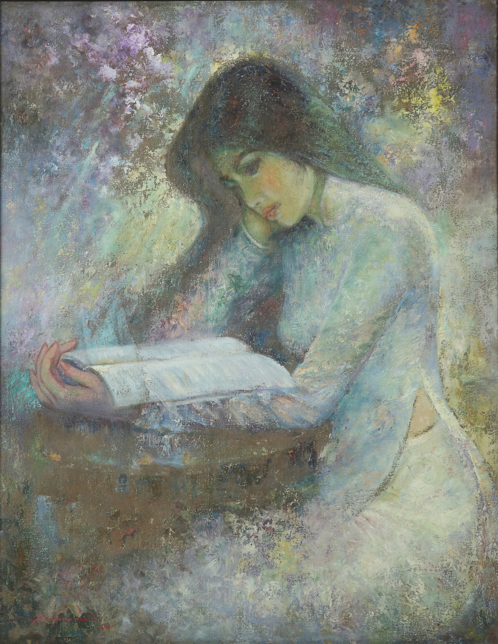 NGUYEN HOA TUOI (Vietnam, Modern): NGUYEN HOA TUOI (Vietnam, Modern) / Reading / Oil on canvas / Dimension: 90 x 70 cm / NGUYEN HOA TUOI (Viet Nam, Hien dai) / Doc sach / Son dau tren toan / Kich thuoc: 90 x 70 cm