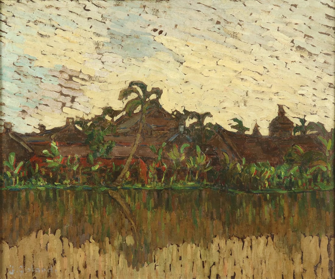 J Goland (XX Century, France): J Goland (XX Century, France) / Landscape / Oil on cardboard / Dimension: 45 x 55 cm / J Goland (XX Century, France) / Phong canh Viet Nam / Son dau tren bia cung / Kich thuoc: 45 x 55 cm