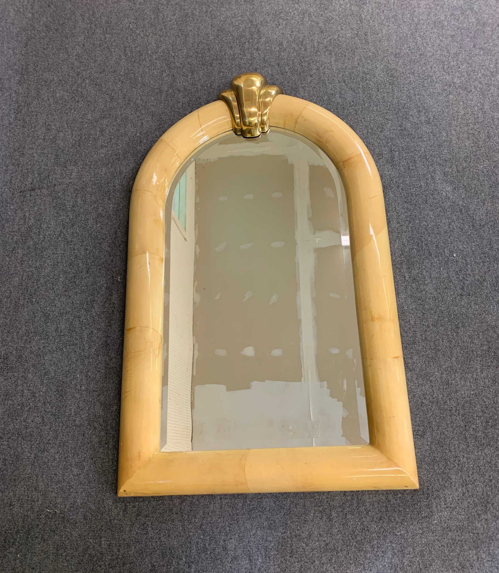 Aldo Tura Goatskin Mirror with Brass: Beveled glass. 59"h x 36"w x 6"d