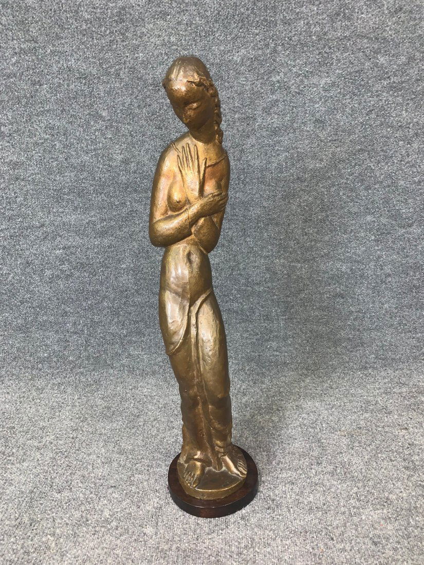 Large Bronze of a Nouveau Woman: Monogrammed JWF and dated 1922. In the manner of Amedeo Modigliani. On wood plinth. 29"h x 6.25"w x 6"d